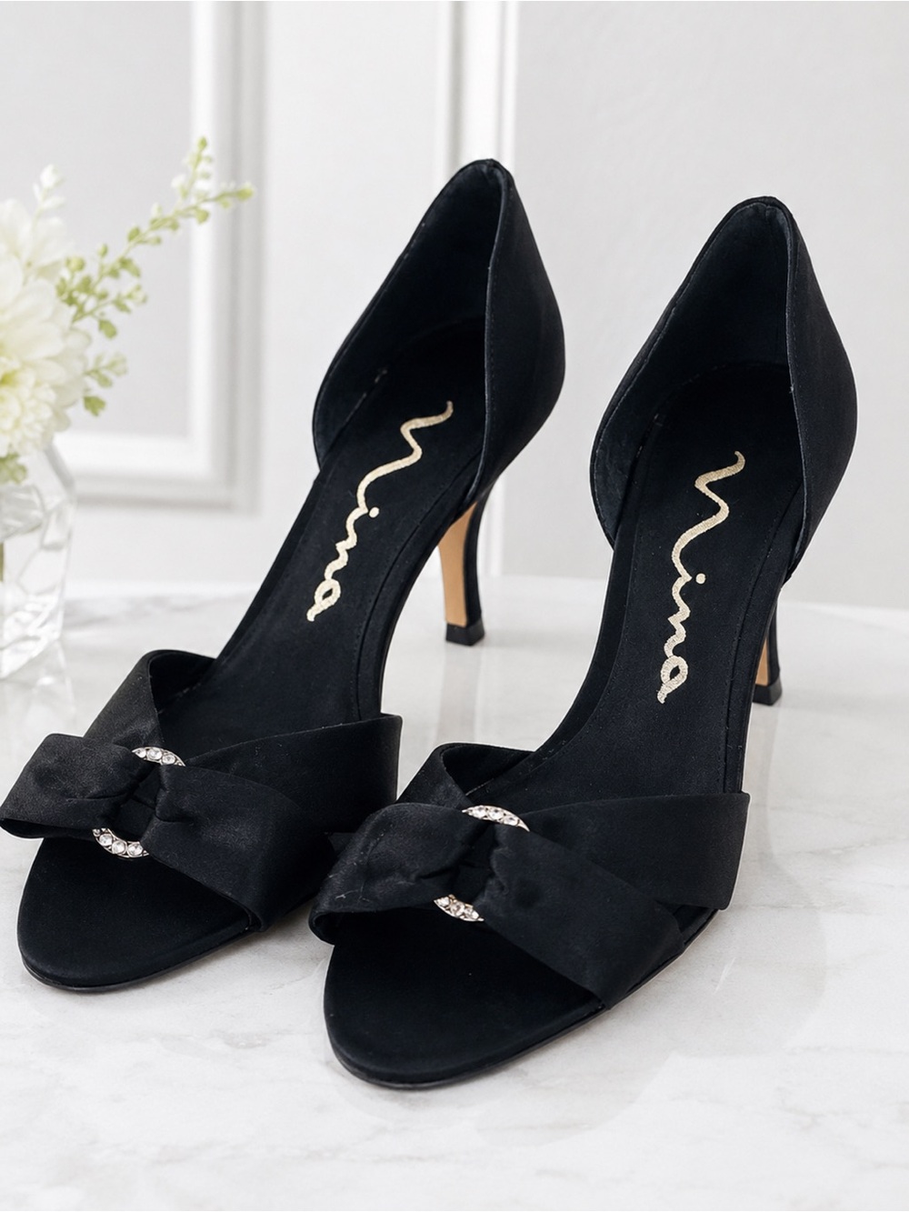 Nina Black Satin Rhinestone Bow D’Orsay Heels Pumps Sz 10 Regency Glam